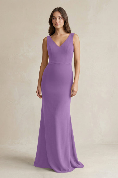 V - Neck Sheath Satin Maxi Bridesmaid Dress in Wisteria - KissProm Bridesmaid Dresses