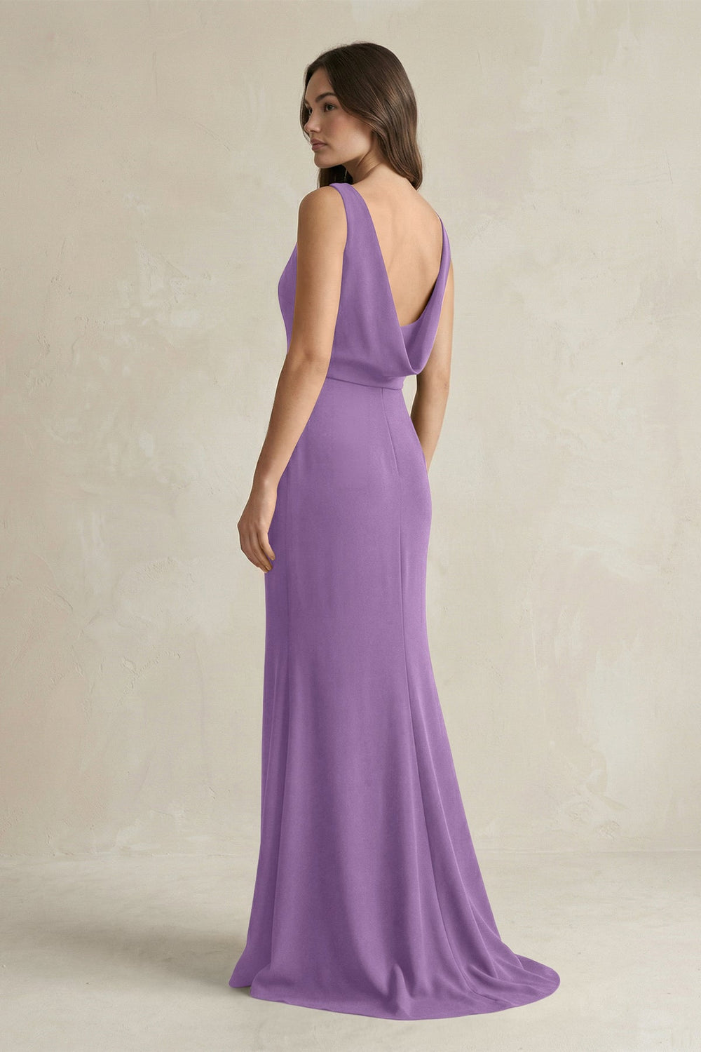 V - Neck Sheath Satin Maxi Bridesmaid Dress in Wisteria - KissProm Bridesmaid Dresses