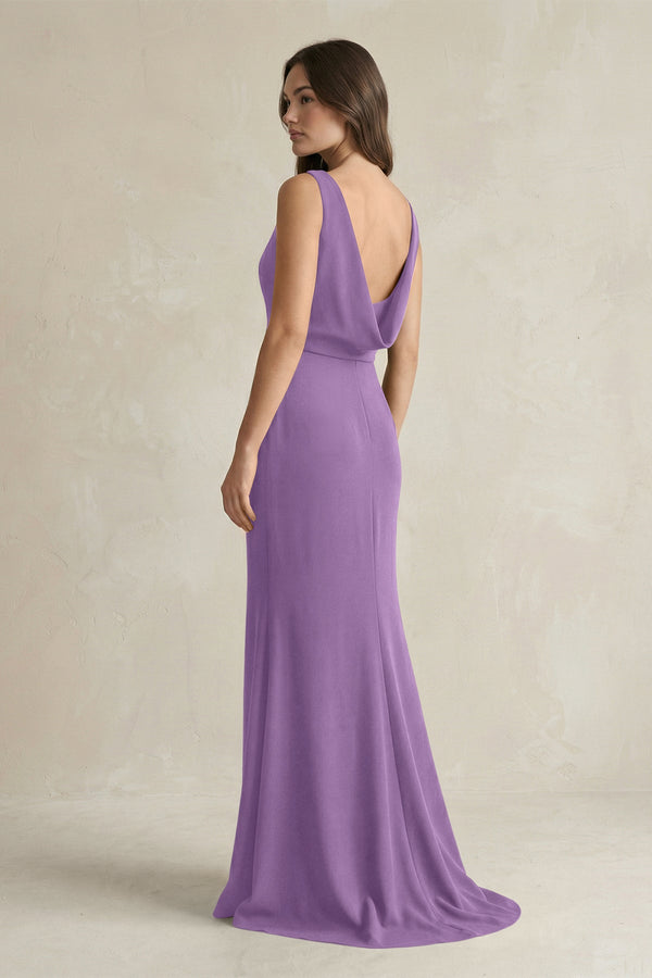 V - Neck Sheath Satin Maxi Bridesmaid Dress in Wisteria - KissProm Bridesmaid Dresses