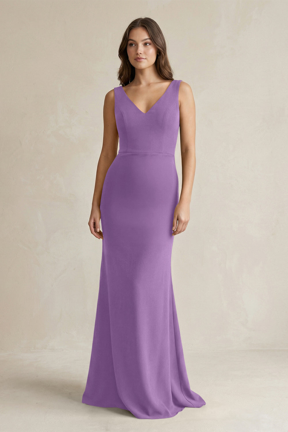 V - Neck Sheath Satin Maxi Bridesmaid Dress in Wisteria - KissProm Bridesmaid Dresses