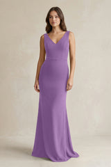 V - Neck Sheath Satin Maxi Bridesmaid Dress in Wisteria - KissProm Bridesmaid Dresses