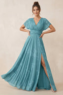 V - Neck Short Sleeve A - Line Floral Chiffon Bridesmaid Dress in Adriatic Blue - KissProm Bridesmaid Dresses