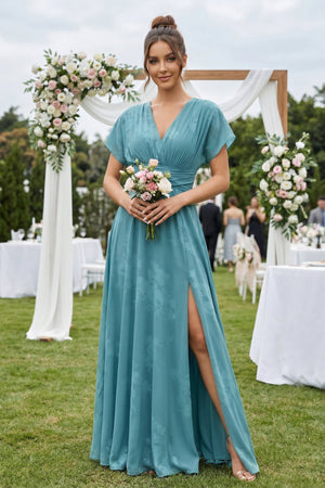 V - Neck Short Sleeve A - Line Floral Chiffon Bridesmaid Dress in Adriatic Blue - KissProm Bridesmaid Dresses