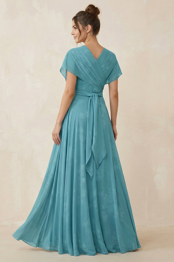 V - Neck Short Sleeve A - Line Floral Chiffon Bridesmaid Dress in Adriatic Blue - KissProm Bridesmaid Dresses