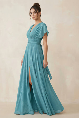 V - Neck Short Sleeve A - Line Floral Chiffon Bridesmaid Dress in Adriatic Blue - KissProm Bridesmaid Dresses