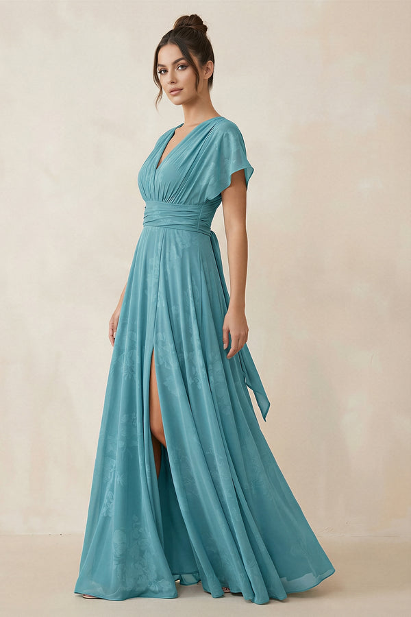 V - Neck Short Sleeve A - Line Floral Chiffon Bridesmaid Dress in Adriatic Blue - KissProm Bridesmaid Dresses