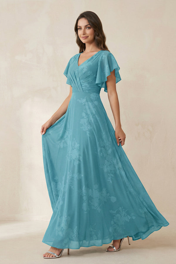 KissProm V-Neck Short Sleeve Floral Chiffon A-Line Bridesmaid Dress in Adriatic Blue, Adriatic Blue / 14
