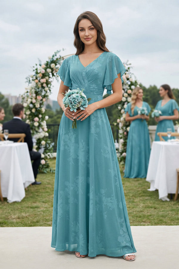 KissProm V-Neck Short Sleeve Floral Chiffon A-Line Bridesmaid Dress in Adriatic Blue, Adriatic Blue / 14