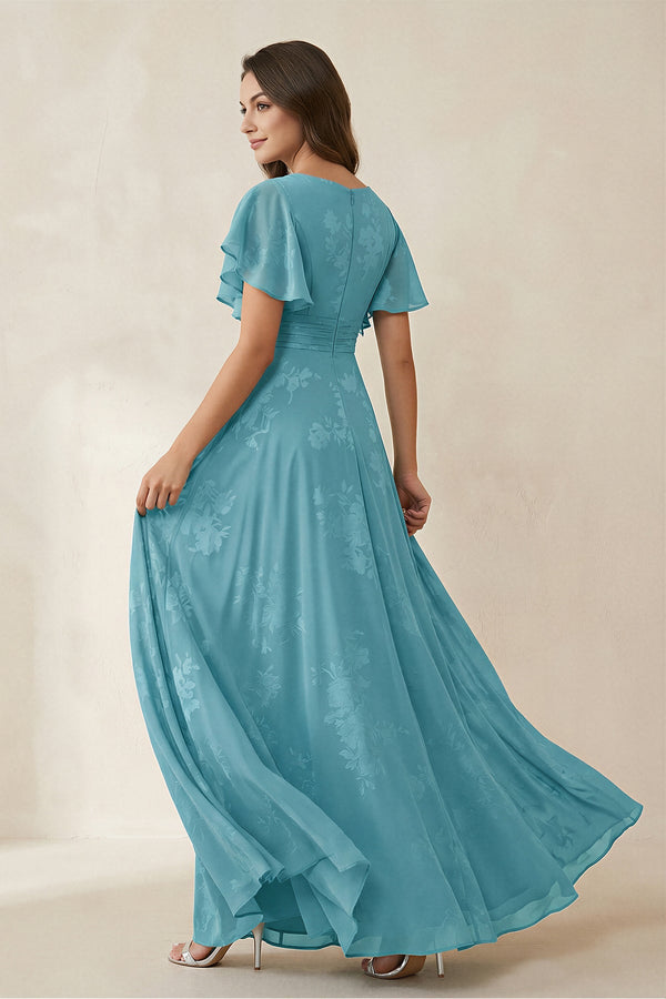 V - Neck Short Sleeve Floral Chiffon A - Line Bridesmaid Dress in Adriatic Blue - KissProm Bridesmaid Dresses