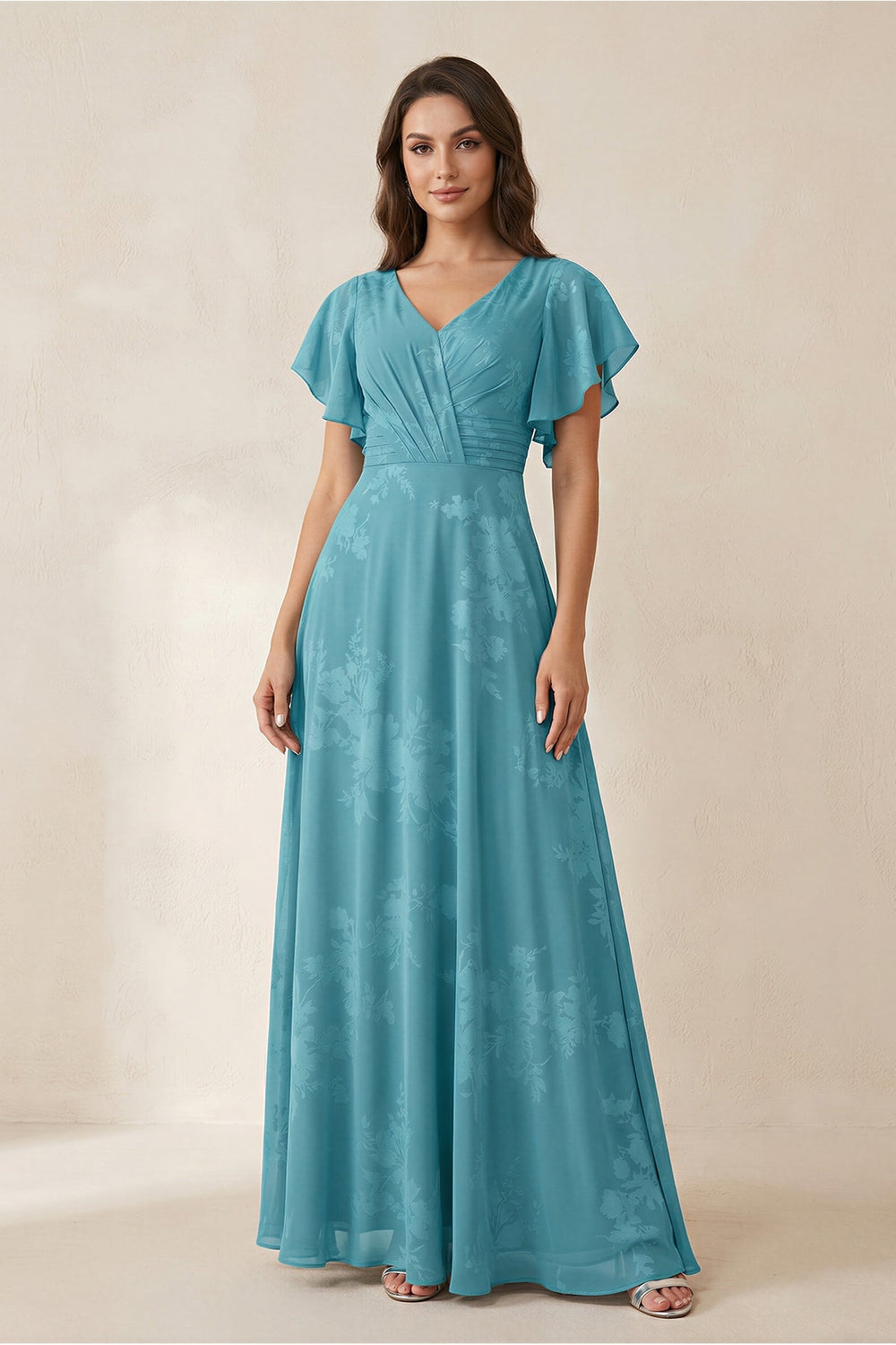 KissProm V-Neck Short Sleeve Floral Chiffon A-Line Bridesmaid Dress in Adriatic Blue, Adriatic Blue / 14