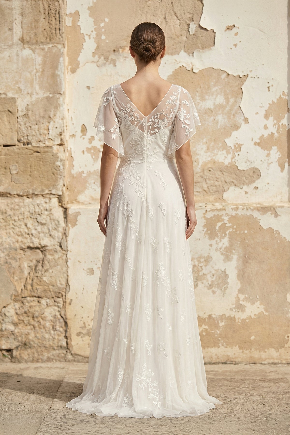 KissProm Vintage Graceful Floral V-neck V-back Side Button Decorated Lace Wedding Dress With Butterfly Sleeves, Diamond White / 16