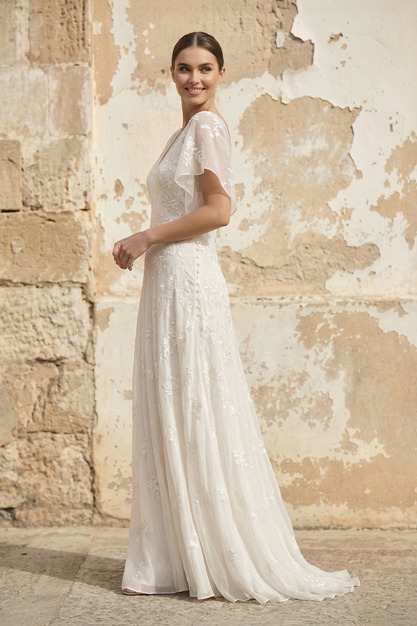 Vintage Graceful Floral V-neck V-back Side Button Decorated Lace Wedding Dress With Butterfly Sleeves – Wedding Dresses by Kissprom | Available at KissProm