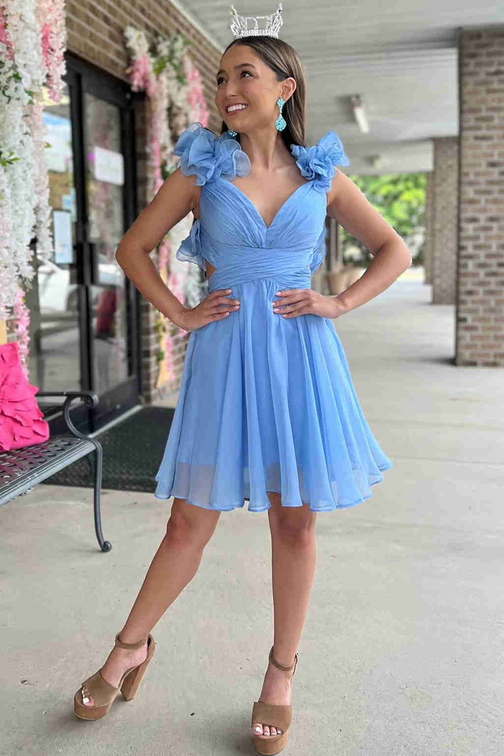 Jill | V-Neck Sky Blue Pleated A-Line Party Dress
