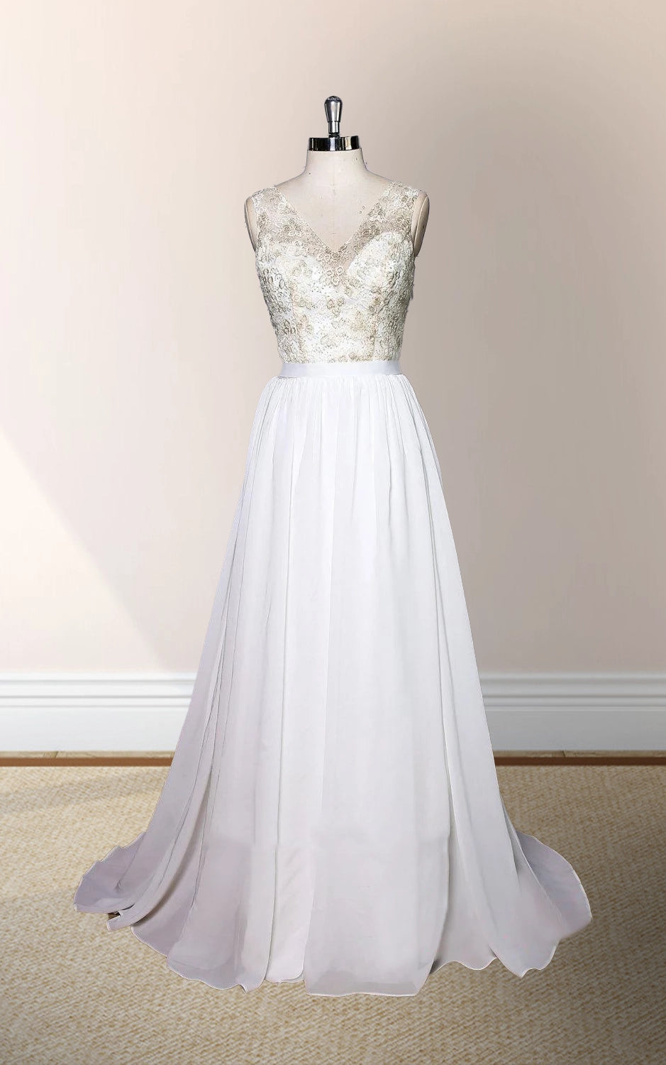 V - Neck Sleeveless Chiffon Wedding Dress With Golden Lace Bodice - KissProm