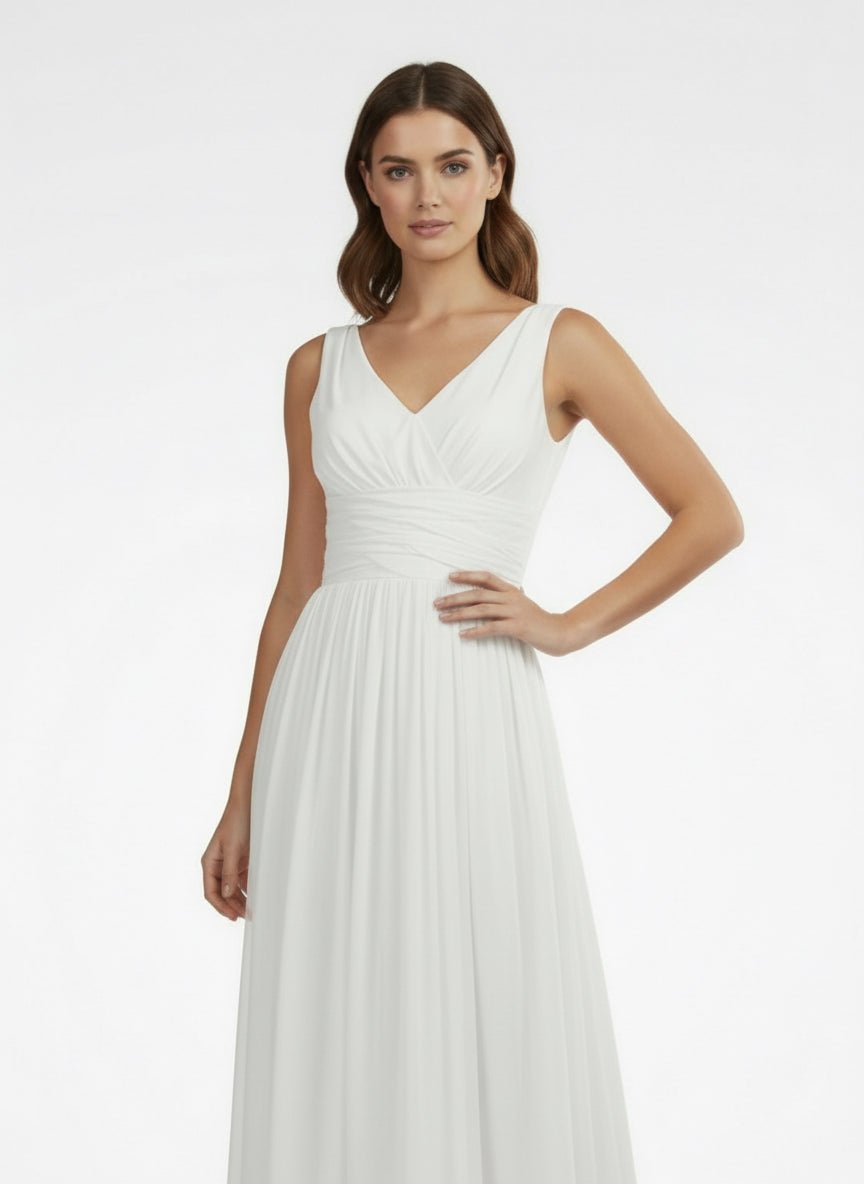 V - Neck Sleeveless Tea - Length Chiffon Wedding Dress With Ruching And Low - V Back - KissProm