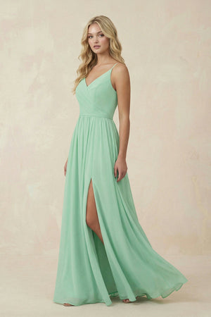 V-Neck Spaghetti Strap A-Line Chiffon Bridesmaid Dress in Pale Pistachio - KissProm BRIDESMAID DRESSES