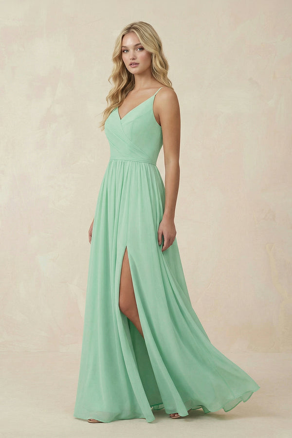 V-Neck Spaghetti Strap A-Line Chiffon Bridesmaid Dress in Pale Pistachio - KissProm BRIDESMAID DRESSES