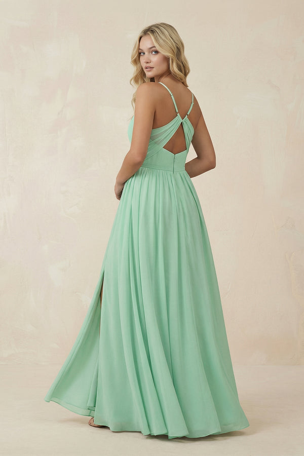 V-Neck Spaghetti Strap A-Line Chiffon Bridesmaid Dress in Pale Pistachio - KissProm BRIDESMAID DRESSES