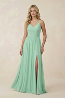 V-Neck Spaghetti Strap A-Line Chiffon Bridesmaid Dress in Pale Pistachio - KissProm BRIDESMAID DRESSES