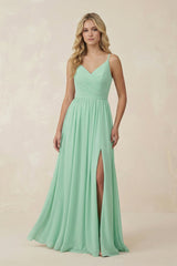 V-Neck Spaghetti Strap A-Line Chiffon Bridesmaid Dress in Pale Pistachio - KissProm BRIDESMAID DRESSES