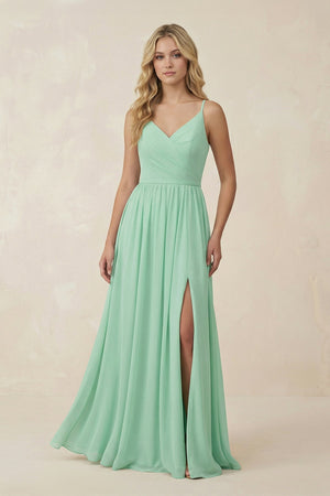 V-Neck Spaghetti Strap A-Line Chiffon Bridesmaid Dress in Pale Pistachio - KissProm BRIDESMAID DRESSES