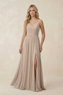 V - Neck Spaghetti Strap A - Line Chiffon Bridesmaid Dress in Almond - KissProm Bridesmaid Dresses