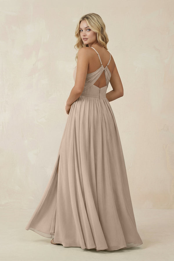 V - Neck Spaghetti Strap A - Line Chiffon Bridesmaid Dress in Almond - KissProm Bridesmaid Dresses