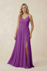 V - Neck Spaghetti Strap A - Line Chiffon Bridesmaid Dress in Amethyst - KissProm Bridesmaid Dresses
