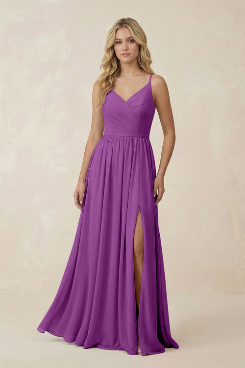 V - Neck Spaghetti Strap A - Line Chiffon Bridesmaid Dress in Amethyst - KissProm Bridesmaid Dresses