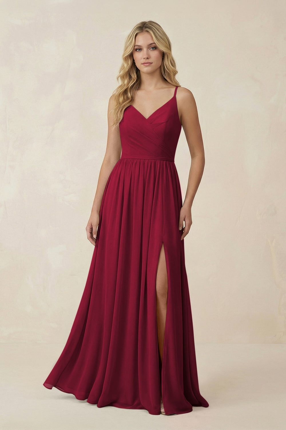 V - Neck Spaghetti Strap A - Line Chiffon Bridesmaid Dress in Berry - KissProm Bridesmaid Dresses