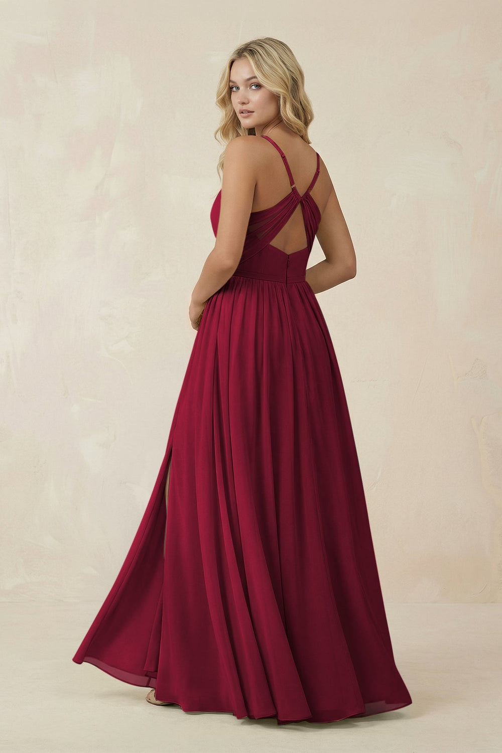 V - Neck Spaghetti Strap A - Line Chiffon Bridesmaid Dress in Berry - KissProm Bridesmaid Dresses