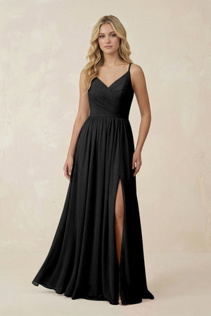 V - Neck Spaghetti Strap A - Line Chiffon Bridesmaid Dress in Black - KissProm Bridesmaid Dresses