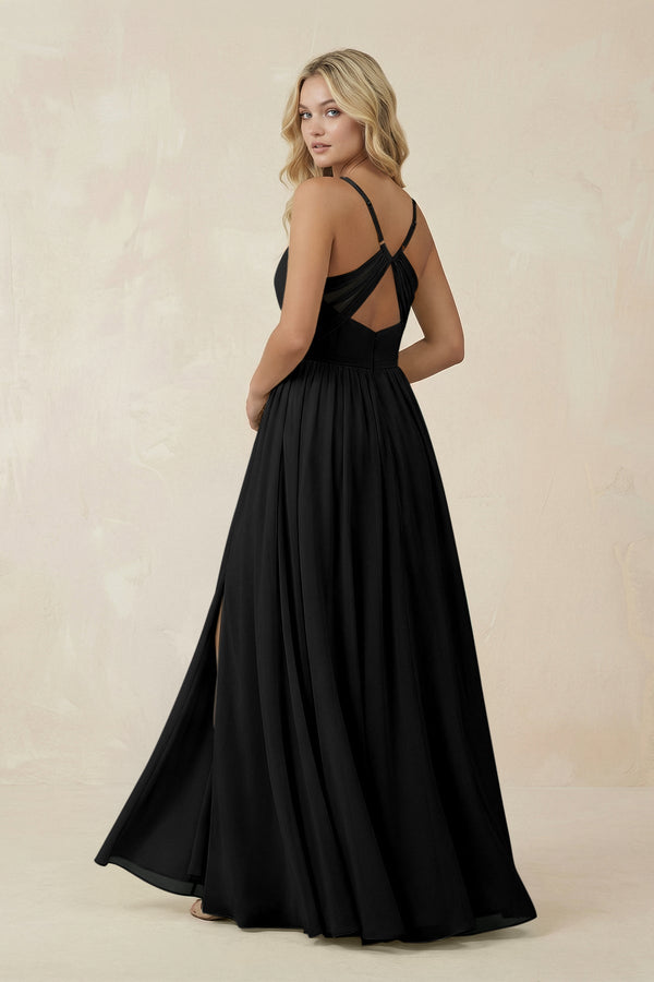 V - Neck Spaghetti Strap A - Line Chiffon Bridesmaid Dress in Black - KissProm Bridesmaid Dresses