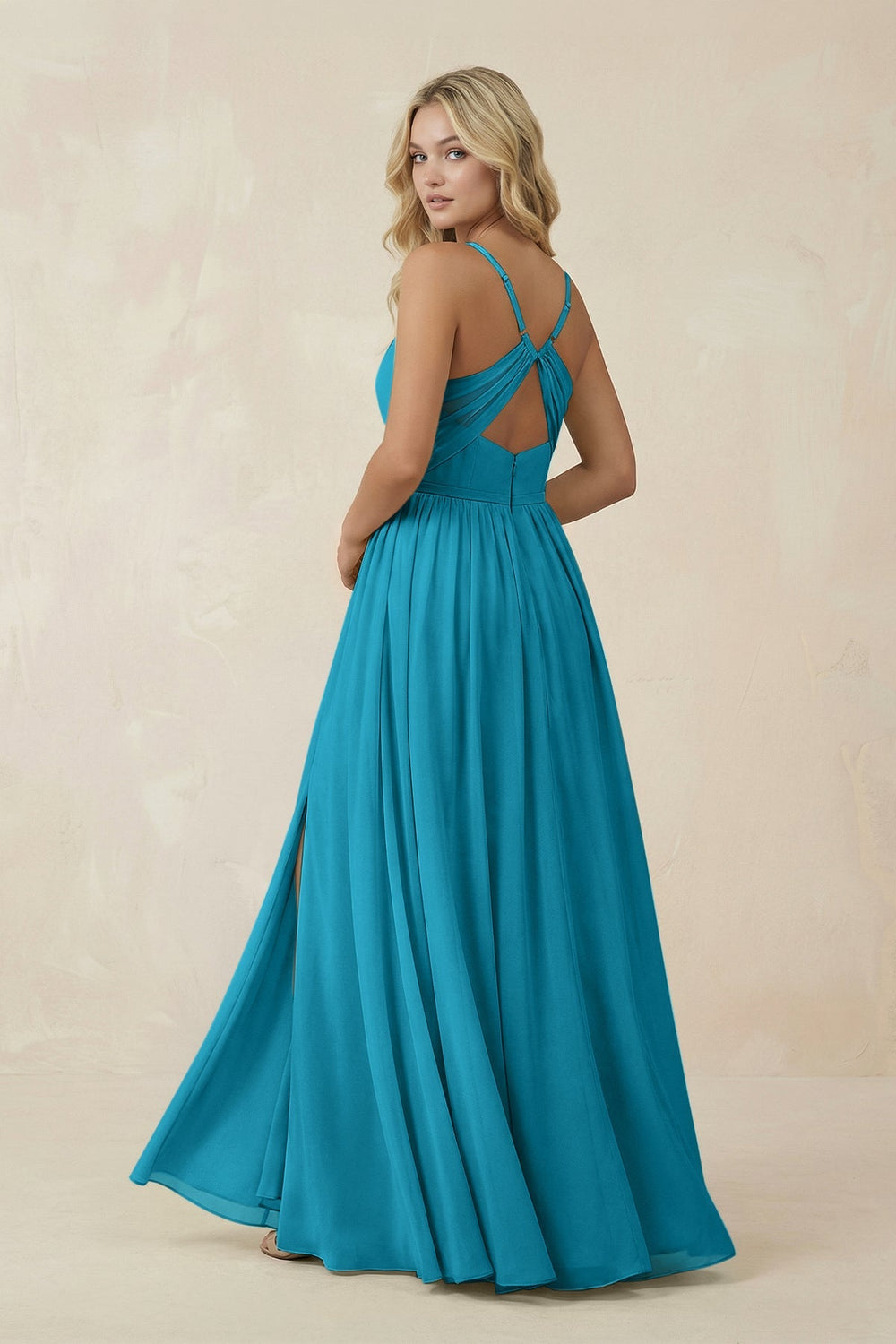V - Neck Spaghetti Strap A - Line Chiffon Bridesmaid Dress in Blue Jay - KissProm Bridesmaid Dresses