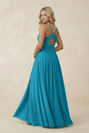 V - Neck Spaghetti Strap A - Line Chiffon Bridesmaid Dress in Blue Jay - KissProm Bridesmaid Dresses