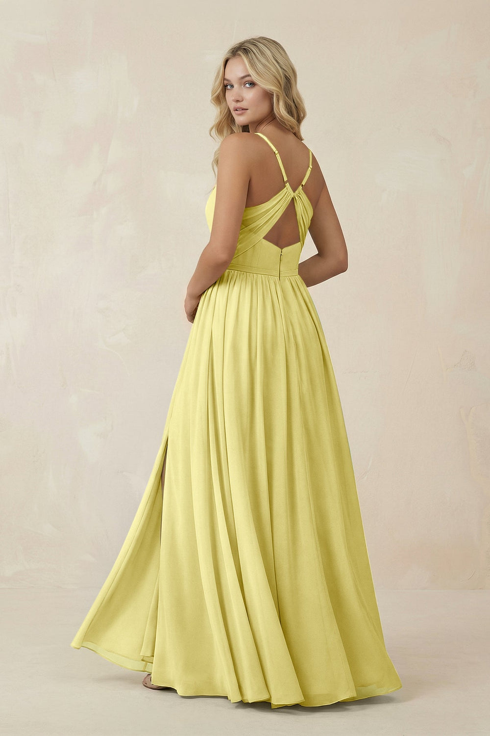 V - Neck Spaghetti Strap A - Line Chiffon Bridesmaid Dress in Buttercup - KissProm Bridesmaid Dresses