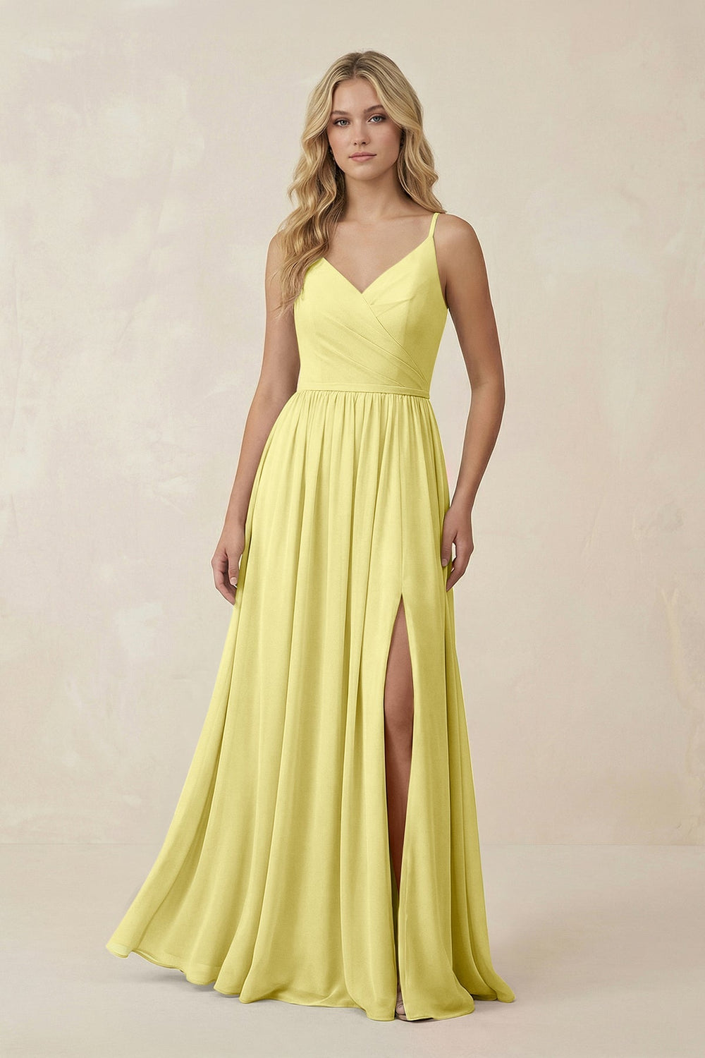 V - Neck Spaghetti Strap A - Line Chiffon Bridesmaid Dress in Buttercup - KissProm Bridesmaid Dresses