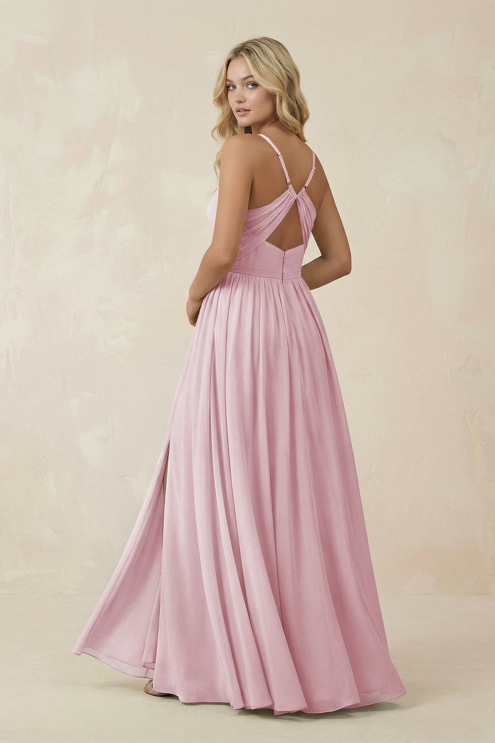 V - Neck Spaghetti Strap A - Line Chiffon Bridesmaid Dress in Candy Pink - KissProm Bridesmaid Dresses