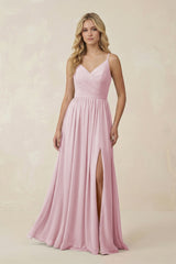 V - Neck Spaghetti Strap A - Line Chiffon Bridesmaid Dress in Candy Pink - KissProm Bridesmaid Dresses