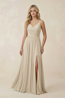 V - Neck Spaghetti Strap A - Line Chiffon Bridesmaid Dress in Champagne - KissProm Bridesmaid Dresses