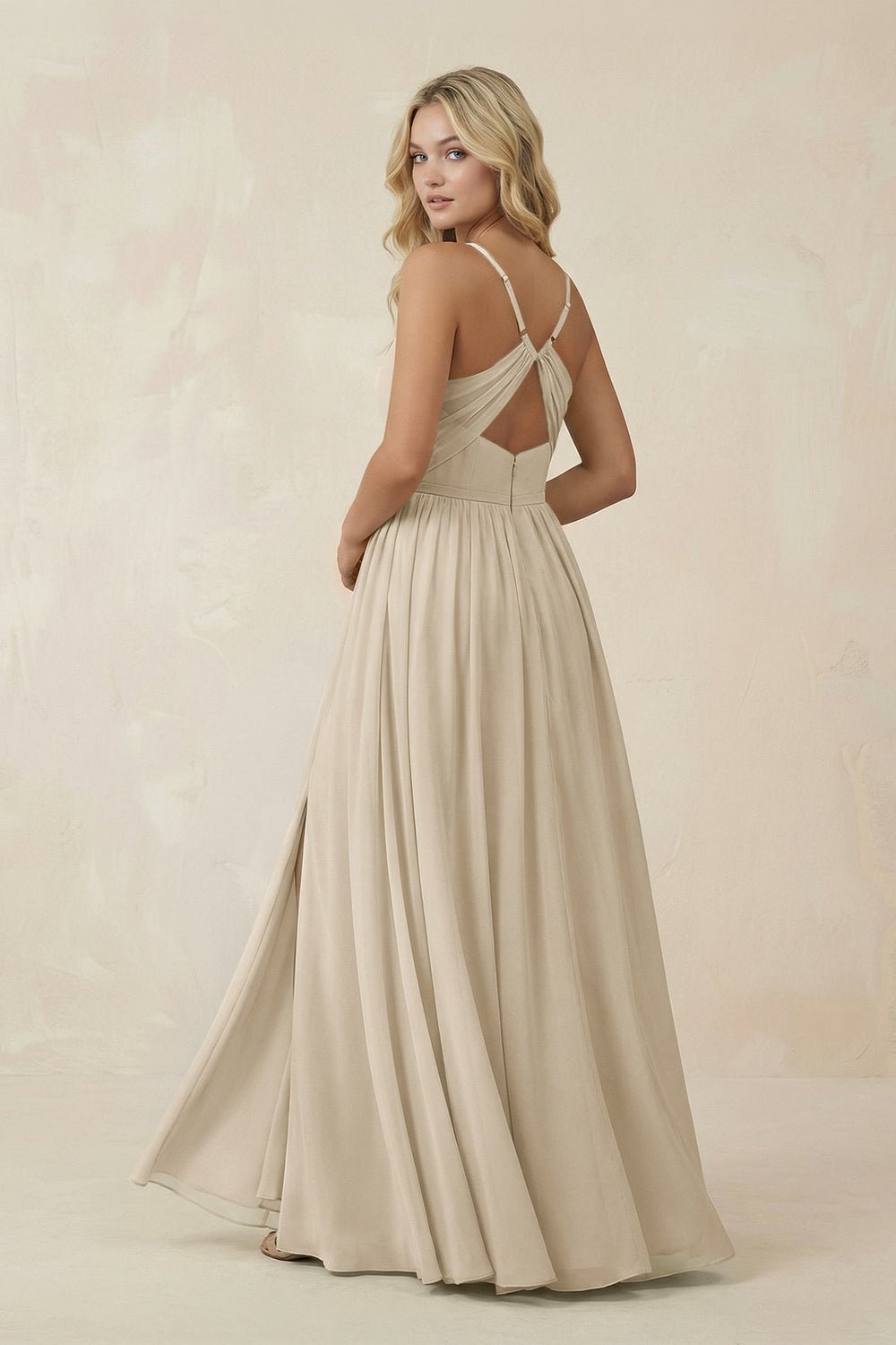 V - Neck Spaghetti Strap A - Line Chiffon Bridesmaid Dress in Champagne - KissProm Bridesmaid Dresses