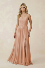 V - Neck Spaghetti Strap A - Line Chiffon Bridesmaid Dress in Champagne Rose - KissProm Bridesmaid Dresses