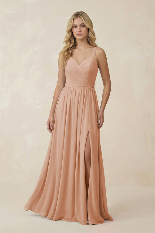 V - Neck Spaghetti Strap A - Line Chiffon Bridesmaid Dress in Champagne Rose - KissProm Bridesmaid Dresses