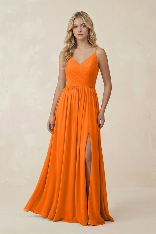 V - Neck Spaghetti Strap A - Line Chiffon Bridesmaid Dress in Cinnamon - KissProm Bridesmaid Dresses