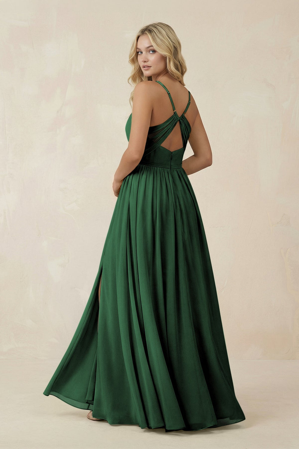 V - Neck Spaghetti Strap A - Line Chiffon Bridesmaid Dress in Dark Green - KissProm Bridesmaid Dresses