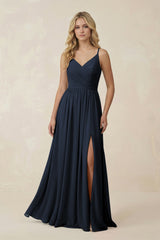 V - Neck Spaghetti Strap A - Line Chiffon Bridesmaid Dress in Dark Navy - KissProm Bridesmaid Dresses