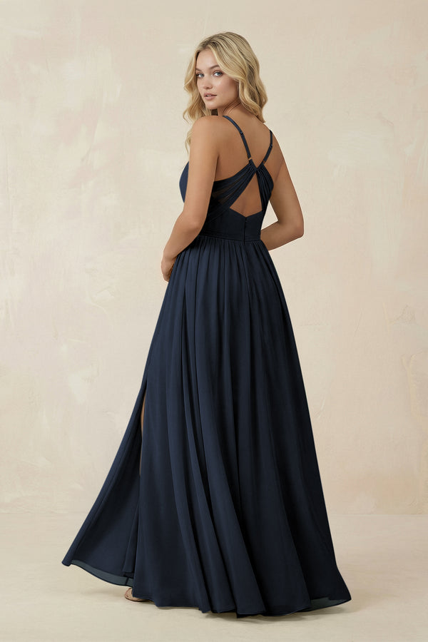 V - Neck Spaghetti Strap A - Line Chiffon Bridesmaid Dress in Dark Navy - KissProm Bridesmaid Dresses