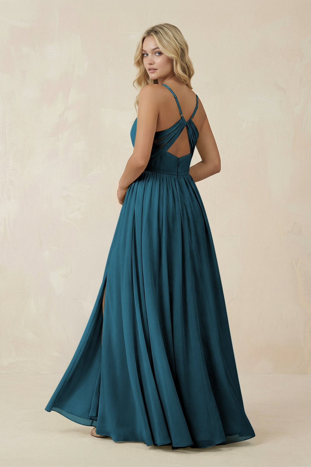 V - Neck Spaghetti Strap A - Line Chiffon Bridesmaid Dress in Dark Teal - KissProm Bridesmaid Dresses