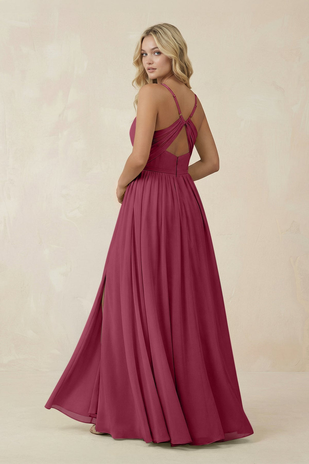 V - Neck Spaghetti Strap A - Line Chiffon Bridesmaid Dress in Desert Rose - KissProm Bridesmaid Dresses