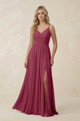 V - Neck Spaghetti Strap A - Line Chiffon Bridesmaid Dress in Desert Rose - KissProm Bridesmaid Dresses